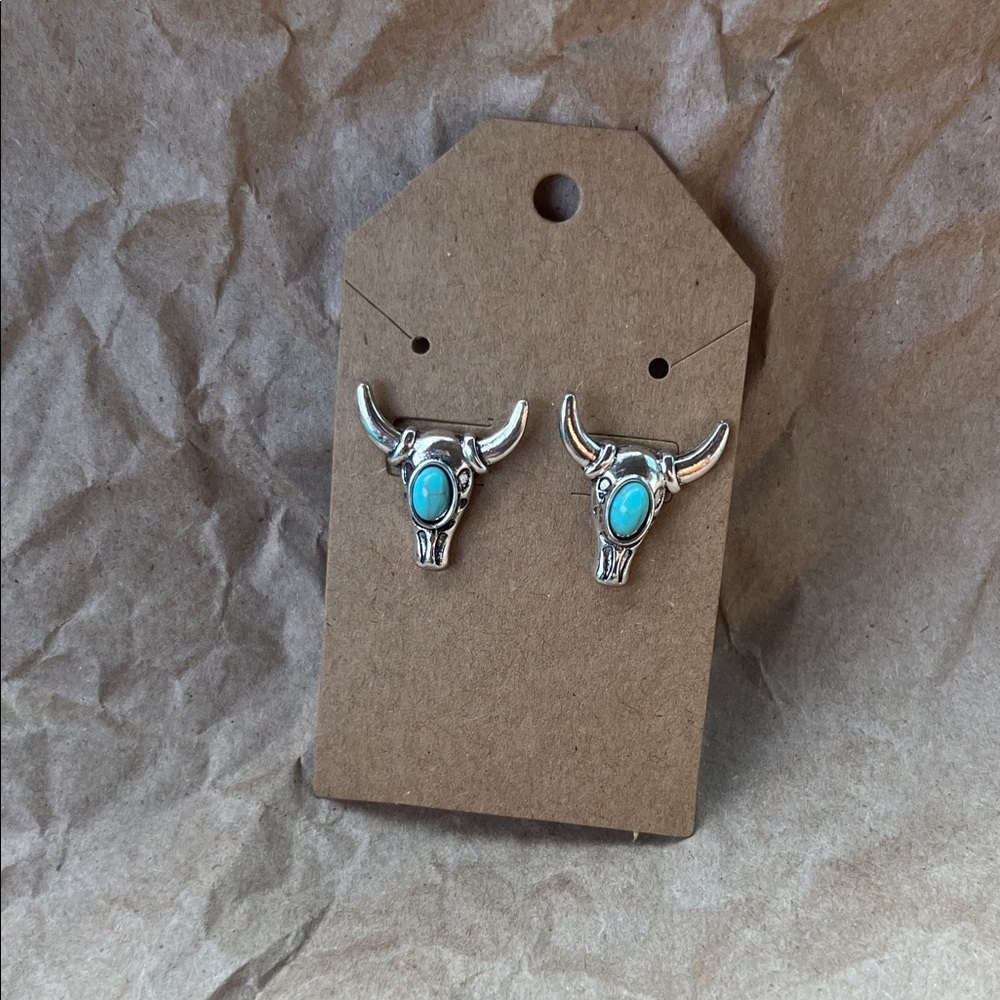 Silver Bull Skull Earrings with Turquoise Accent